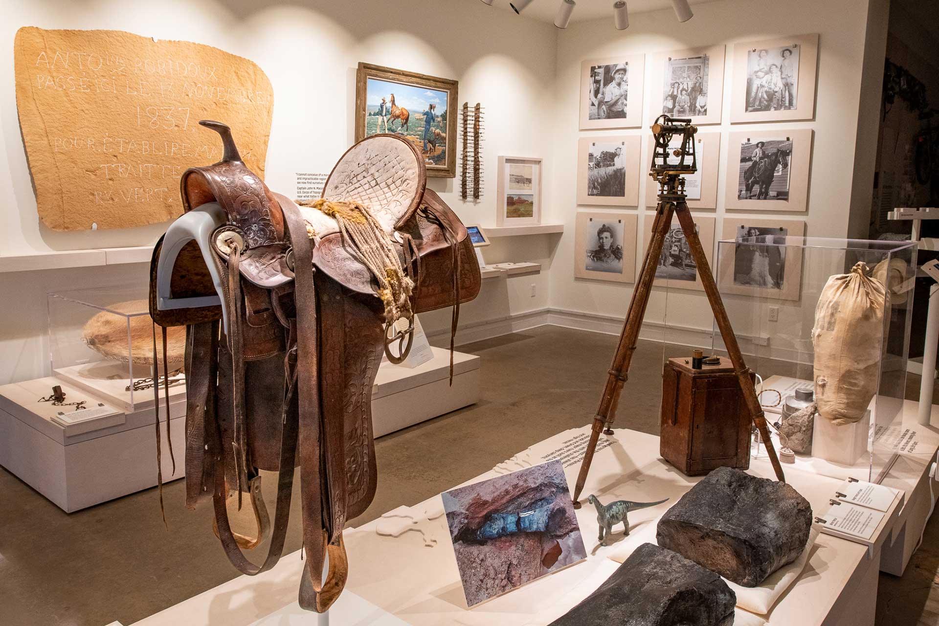 The inside of the Moab Museum: a photo of the historic saddle on display in the permanent collection