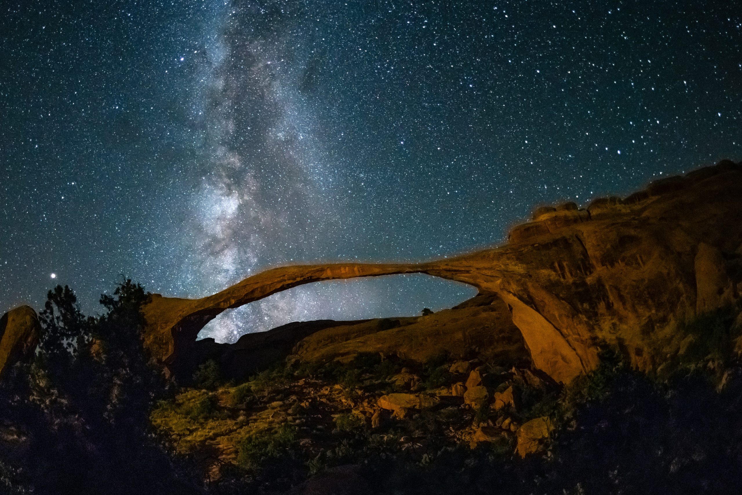 Landscape Arch at night: the Milky Way is pictured above it.